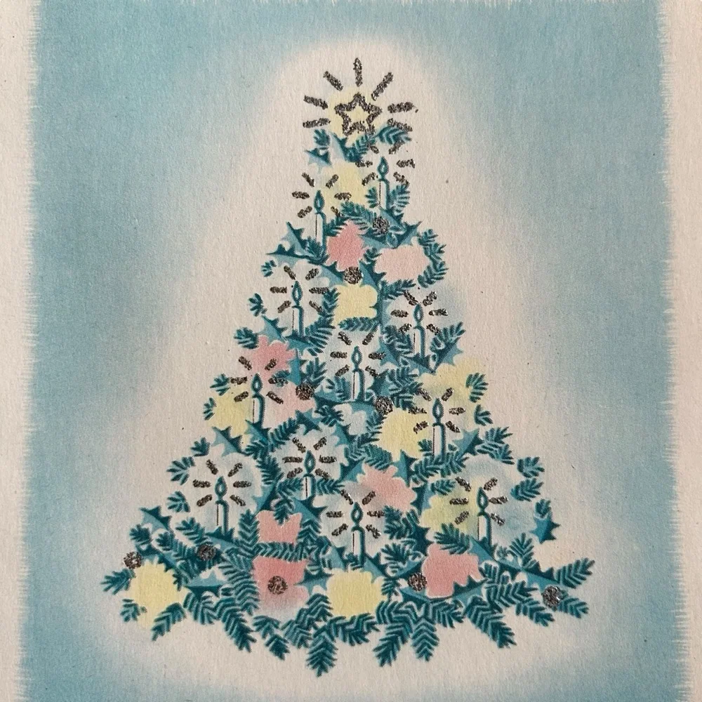 Vintage 40s 50s Greeting Card Watercolor Christmas Tree Retro Art MCM Ephemera